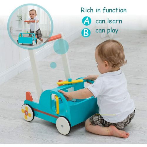  labebe Blue Aircraft Wooden Baby Push Walker - 2-in-1 Toddler Push & Pull Toys Learning Walker Stroller Walker with Wheels for Baby Girls Boys 1-3 Years Old