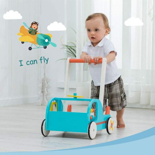  labebe Blue Aircraft Wooden Baby Push Walker - 2-in-1 Toddler Push & Pull Toys Learning Walker Stroller Walker with Wheels for Baby Girls Boys 1-3 Years Old