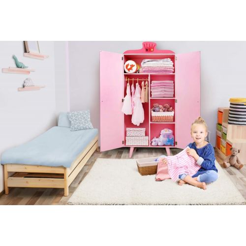  Labebe labebe Wood Wardrobe Closet, Pink Wardrobe Closet with 5 Separated Shelves, Big Enough for Girl! Easy to Assemble Wood Wardrobe, Baby Wardrobe Girl