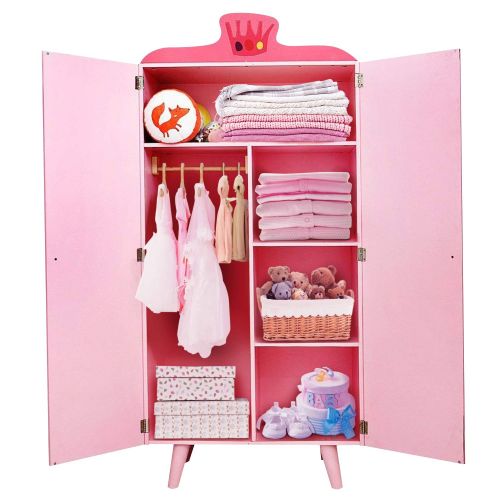  Labebe labebe Wood Wardrobe Closet, Pink Wardrobe Closet with 5 Separated Shelves, Big Enough for Girl! Easy to Assemble Wood Wardrobe, Baby Wardrobe Girl