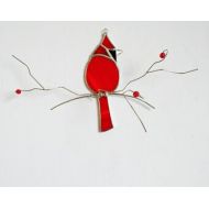 Labrisestainedglass Bright and colourful red stained glass cardinal suncatcher on 3- dimentional wire branch with berries