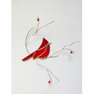 Labrisestainedglass Bright and colourful red stained glass cardinal suncatcher on 3- dimentional wire branch with berries