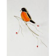 /Labrisestainedglass Favorite backyard bird American Robin on 3-D branch stained glass sun catcher