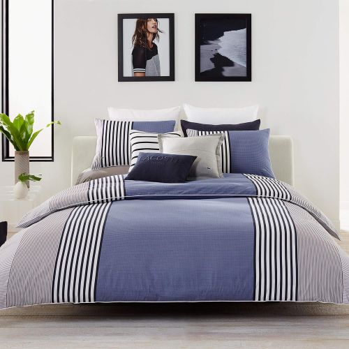 라코스테 Lacoste Meribel Blue and Grey Colorblock Striped Brushed Twill Duvet Set, TwinTwin Extra Long