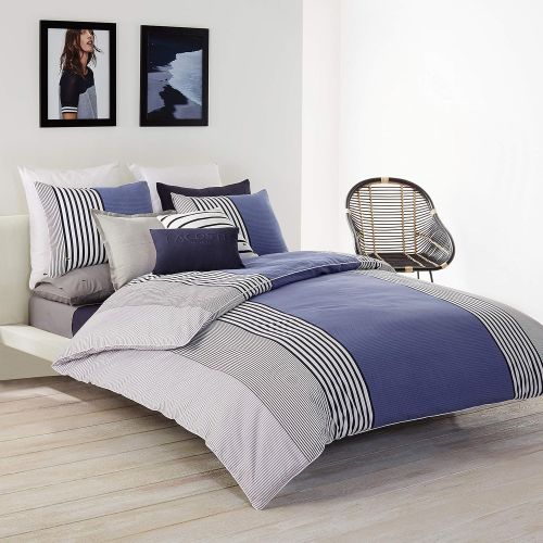 라코스테 Lacoste Meribel Blue and Grey Colorblock Striped Brushed Twill Comforter Set, King