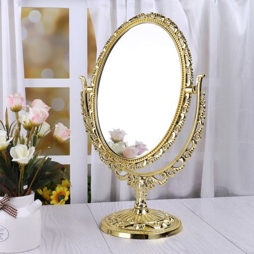  Ladaidra 2 Sides Makeup Mirror Stand Table Cosmetic Mirror Plastic Dresser Mirrors Tools (Ellipse, Gold)