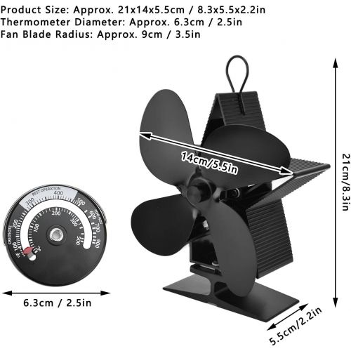  Ladieshow Thermal power stove fan, 4 blade fireplace fan with thermometer, suitable for gas, log wood burning stove, fireplace.