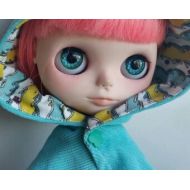 Ladyfroufrou Vintage Aqua Corduroy Nautical Riding hood hooded capelet for Blythe, Pulip, Dal fairytale gothic lolita kawaii doll cloak