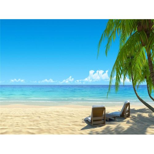  Laeacco 20x15ft Seaside Beach Backdrop Summer Holiday Photography Background Soft Beach Blue Sea Blue Sky Backdrops Beach Chair Palm Trees Props