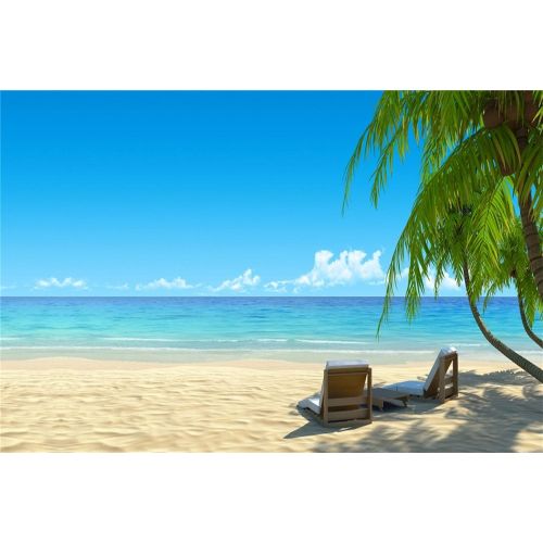  Laeacco 20x15ft Seaside Beach Backdrop Summer Holiday Photography Background Soft Beach Blue Sea Blue Sky Backdrops Beach Chair Palm Trees Props