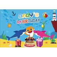 Laeacco Babys 1st Birthday Party Backdrop 10x7ft Vinyl Photography Background Undersea World Cartoon Shark Dinosaur Starfish Whale Yellow Pink Blue Color Cake Gifts Birthday Decora