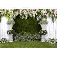 Laeacco Arch Wedding Flowers Backdrop 10x8ft Vinyl Photography Background Stone Planter Flowers White Curtain Green Ivy Wall Decoration Outdoos Ceremony Green Grassfield Backdrop