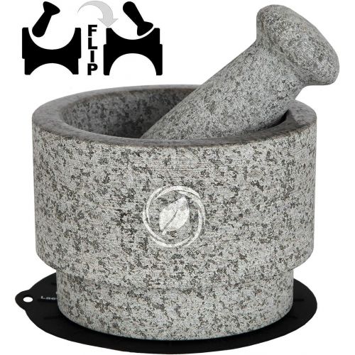  [아마존 핫딜] Laevo Mortar and Pestle Set - 5.5 Inch, 17 Oz - Unique Double Sided - Pestle and Mortar Bowl Solid Stone Grinder - Guacamole Mortar and Pestle Large - INCLUDED: Silicone Lid/Mat and Spoo