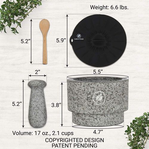  [아마존 핫딜] Laevo Mortar and Pestle Set - 5.5 Inch, 17 Oz - Unique Double Sided - Pestle and Mortar Bowl Solid Stone Grinder - Guacamole Mortar and Pestle Large - INCLUDED: Silicone Lid/Mat and Spoo