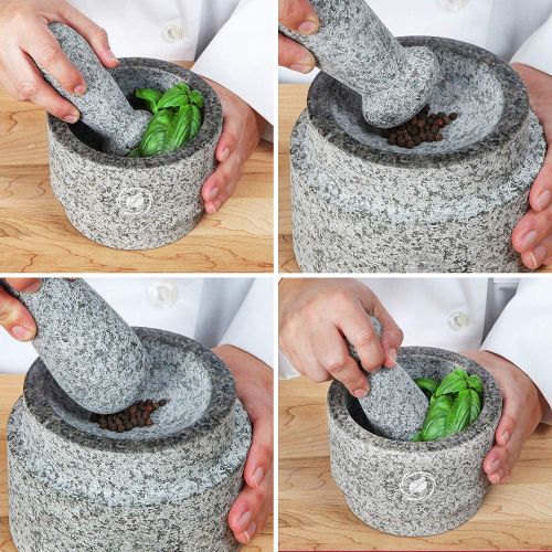  [아마존 핫딜] Laevo Mortar and Pestle Set - 5.5 Inch, 17 Oz - Unique Double Sided - Pestle and Mortar Bowl Solid Stone Grinder - Guacamole Mortar and Pestle Large - INCLUDED: Silicone Lid/Mat and Spoo