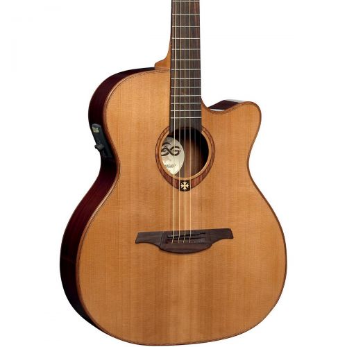 Lag Guitars},description:The Lag T100ACE Auditorium Cutaway Acoustic-Electric Guitar offers an oil-finished solid Indonesian rosewood headstock, decorated with a maple LAG logo inl