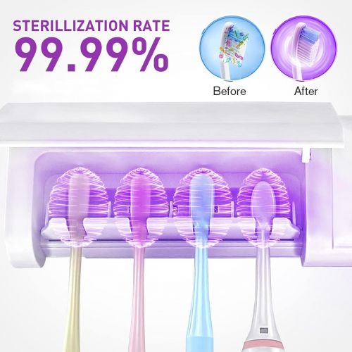  LagomLF Toothbrush Sanitizer, Toothbrush Sanitizer and Holder-4 Toothbrush Slots, UV Toothbrush Sterilizer for Bathroom, Wireless Wall Mount Toothbrush Holder Fits Electric, Ordinary Tooth