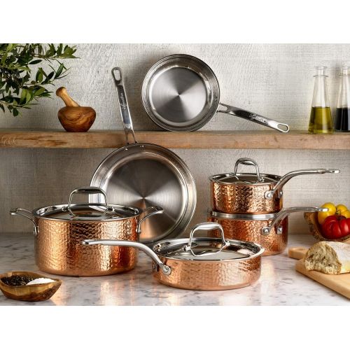  Lagostina Q5544764 Martellata Tri-ply Hammered Stainless Steel Copper Dishwasher Safe Oven Safe Stockpot  Casserolle Cookware, 5-Quart, Copper