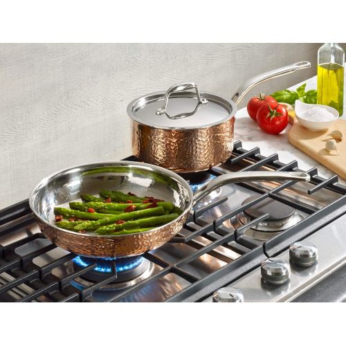  Lagostina Q5542364 Martellata Tri-ply Hammered Stainless Steel Copper Dishwasher Safe Oven Safe Saucepan Cookware, 2-Quart, Copper