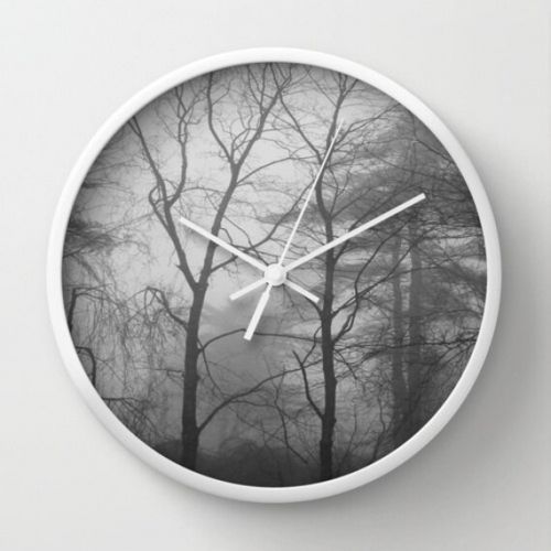  Lake1221 Woodland Trees and Fog Wall Clock, forest wall clock, trees wall clock, tree wall clock, woodland clock, black white clock, black and white