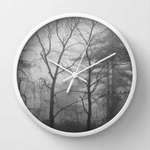  Lake1221 Woodland Trees and Fog Wall Clock, forest wall clock, trees wall clock, tree wall clock, woodland clock, black white clock, black and white