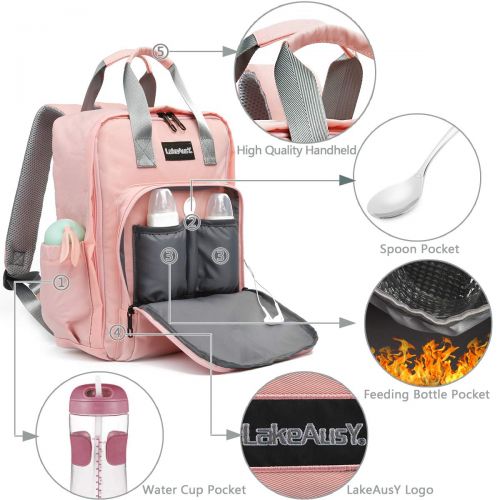  Lakeausy LakeAusY Cute Pink Diaper Bag Tote Nappy Backpack Waterproof Designer Multi-Function Large...