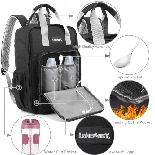  Lakeausy LakeAusY Fashion Black Diaper Bag Backpack Nappy Waterproof Maternity Rucksack for Boy Dad...