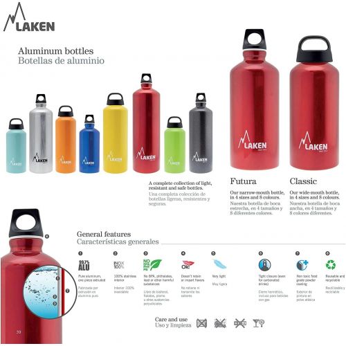  Laken Classic Aluminum Water Bottle, Wide Mouth with Screw Cap and Loop, BPA Free, Made in Spain, 34 Ounce