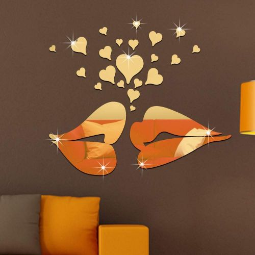  Lakesidehome Love red Lips 6555cm, Gold Creative Cartoon Nordic Style Acrylic Mirror Stickers Decorative Wall Stickers Mirror Makeup Mirror Removable Waterproof