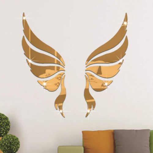  Lakesidehome Angel Wings 3535cm, Gold Creative Cartoon Nordic Style Acrylic Mirror Stickers Decorative Wall Stickers Mirror Makeup Mirror Removable Waterproof