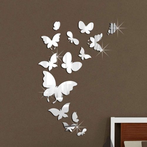  Lakesidehome 14 Butterflies 5537cm, Silver Creative Cartoon Nordic Style Acrylic Mirror Stickers Decorative Wall Stickers Mirror Makeup Mirror Removable Waterproof