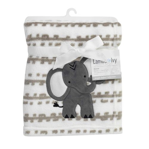  Lambs & Ivy Jungle Safari White/Tan Plush Minky Elephant Nursery Baby Blanket