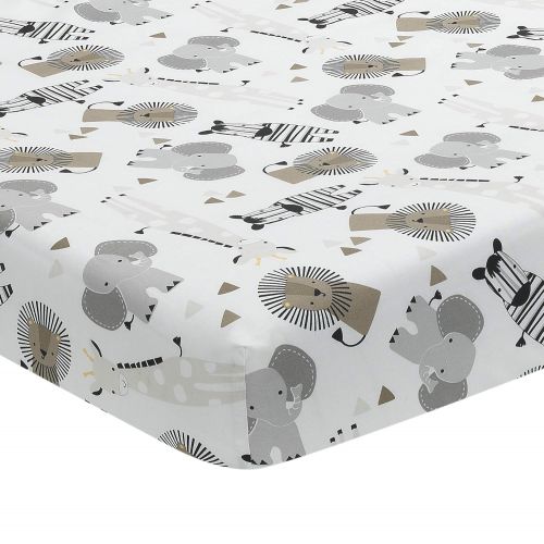  Lambs & Ivy Jungle Safari 100% Cotton White/Gray Elephant/Lion Fitted Crib Sheet