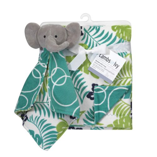  Lambs & Ivy Blanket w/Lovey - Elephant - White, Green, Animals, Jungle, Tree