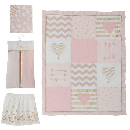  Lambs & Ivy Baby Love Pink/Gold Girl Heart 4 Piece Crib Bedding Set