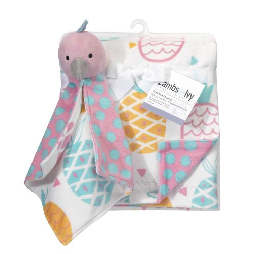  Lambs & Ivy White/Pink/Blue/Orange Pineapple Baby Blanket w/Bird Lovey