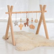 LanaCrocheting Cowboy Baby play gym with 5 mobiles. Tan and gray. Horse. Wild west. Wooden baby gym frame, crochet rattles. Wooden toys. Shower gift