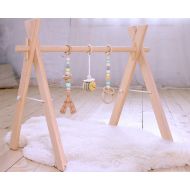 LanaCrocheting Wooden baby gym with three mobiles: crochet bee, wooden teepee and ring. Mint, Gray & Yellow. Infant play gym wood. Activity center. Baby Shower gift. Gender neutral - Bee baby ite