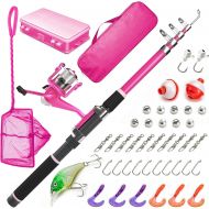 Lanaak Pink Kids Fishing Pole and Tackle Box - Fishing Rod with Reel, Net, Travel Bag, and Beginner’s Guide - Kids Fishing Kit