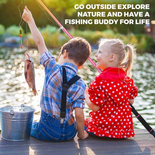  Lanaak Pink Kids Fishing Pole and Tackle Box - Fishing Rod with Reel, Net, Travel Bag, and Beginner’s Guide - Kids Fishing Kit