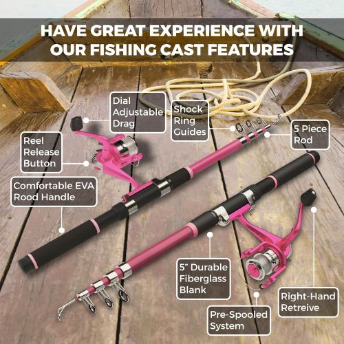  Lanaak Pink Kids Fishing Pole and Tackle Box - Fishing Rod with Reel, Net, Travel Bag, and Beginner’s Guide - Kids Fishing Kit