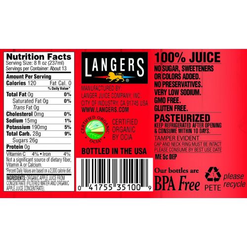  Langers 100% Organic Apple Juice, 101.4 Ounce(Pack of 4)