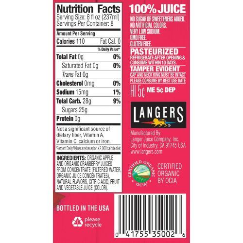  Langers 100% Organic Juice, Cranberry, 64 Ounce (Pack of 8)