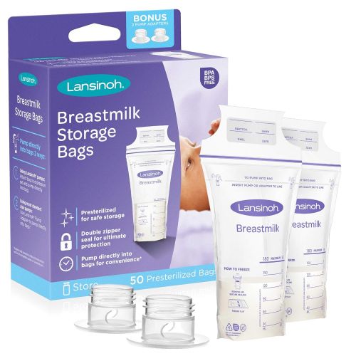 란시노 Lansinoh Breastmilk Storage Bags with Pump Adapters for Bags, 50 count