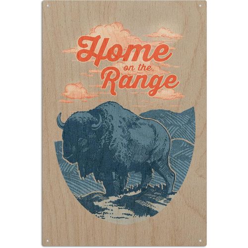  Lantern Press Blue Buffalo, Home on the Range, Contour Birch Wood Wall Sign (6x9 Rustic Home Decor, Ready to Hang Art)