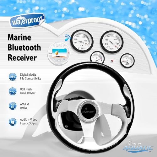  Lanzar Waterproof Marine Stereo Receiver - 4x28 W Round Boat in-Dash Radio Receiver System w/Bluetooth, AM FM, Digital LCD, USB, RCA, AV in -Includes Wiring Harness, Bracket, Remot