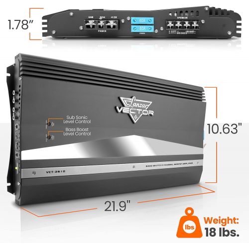  [아마존베스트]Lanzar 2-Channel High Power MOSFET Amplifier - Slim 6000 Watt Bridgeable Mono Stereo 2 Channel Car Audio Amplifier w/Crossover Frequency and Bass Boost Control, RCA Input and Line Output