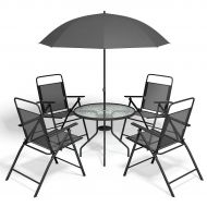 Lapha' Lapha Round Steel Table Tempered Glass 4 Chair Set Pool Beach Backyard Patio Garden Furniture 4 Folding Chairs Table with Umbrella Gray 6 Pieces Set