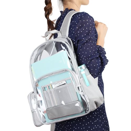  Large Clear Backpack, Heavy Duty Transparent Bookbag for School, Security, Sporting Events and more (Grey)