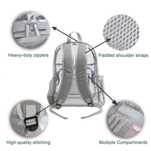  Large Clear Backpack, Heavy Duty Transparent Bookbag for School, Security, Sporting Events and more (Grey)